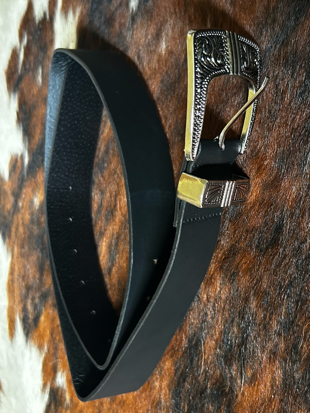 (3 for $25) Black Leather Belt with Ornate Silver-Tone Buckle
